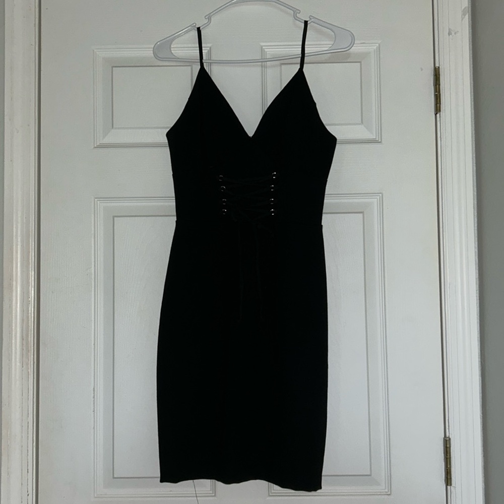Gianni Bini Black Spaghetti Strap Lace-Up Bodycon Dress